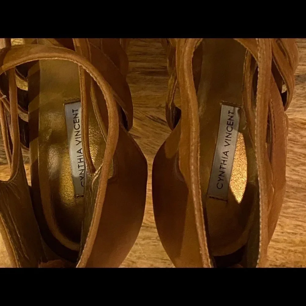 Cynthia Vincent Caramel Soft Leather Caged Heels - Picture 9 of 11